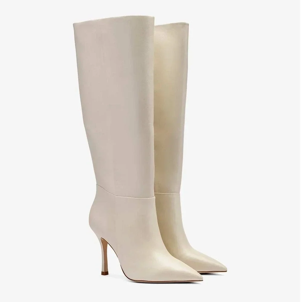 Larroudé Kate Ivory Knee High Leather Boots Pointed Toe Heeled Size 9